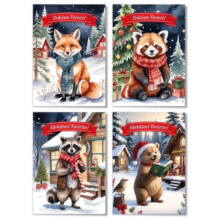 Set 4 Felicitari de Craciun duble cu animale, 100x140mm, cu plicuri, ilustratii de iarna