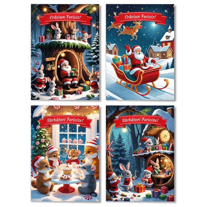Set 4 Felicitari de Craciun duble, Ilustratiii Mos Craciun si Animale, 100 x 140 mm