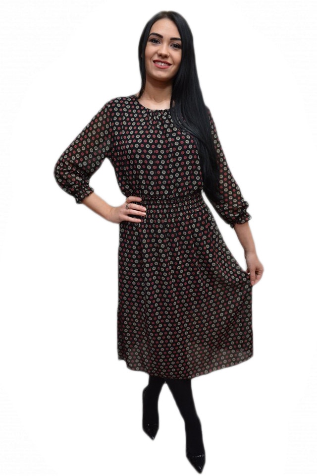 Rochie rafinata cu maneca trei-sferturi si insertii de elastic, D&J Exclusive, Negru/Rosu