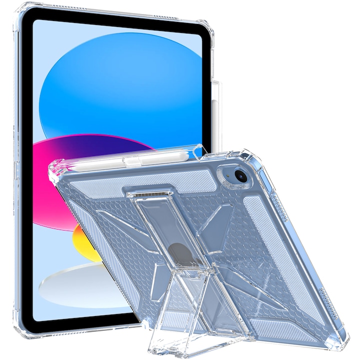 Husa de protectie telefonultau® pentru Apple iPad 11th Gen (2025), 11 inch, silicon transparent antishock cu colturi intarite, suport integrat pentru tableta si stylus, ideala pentru filme, jocuri