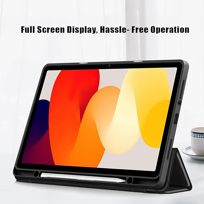 Husa Sigloo pentru Xiaomi Redmi Pad Pro 12.1", slim, tri-fold magnetic, piele ecologica, suport stylus, spate transparent, negru