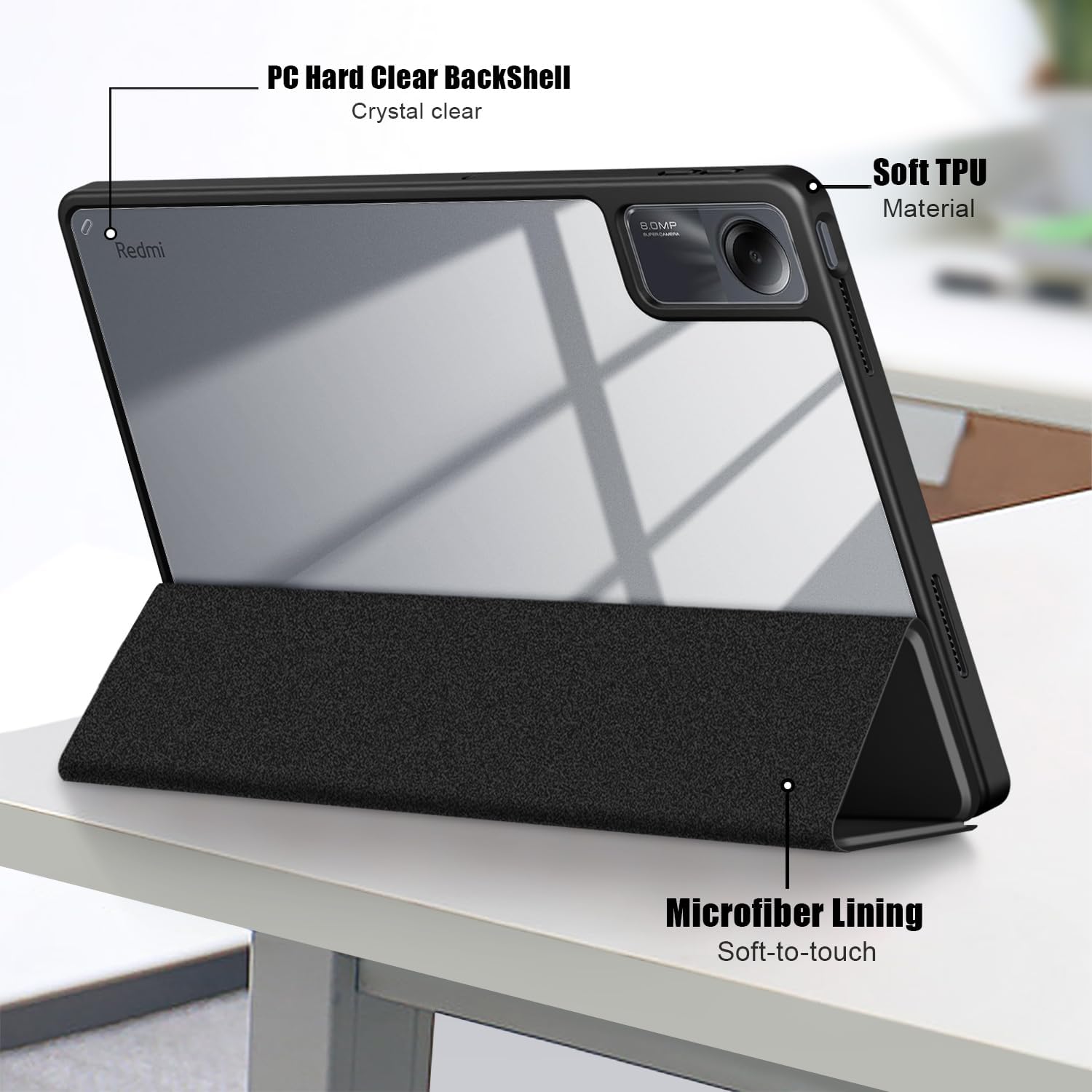 Husa Sigloo pentru Xiaomi Redmi Pad Pro 12.1", slim, tri-fold magnetic, piele ecologica, suport stylus, spate transparent, negru