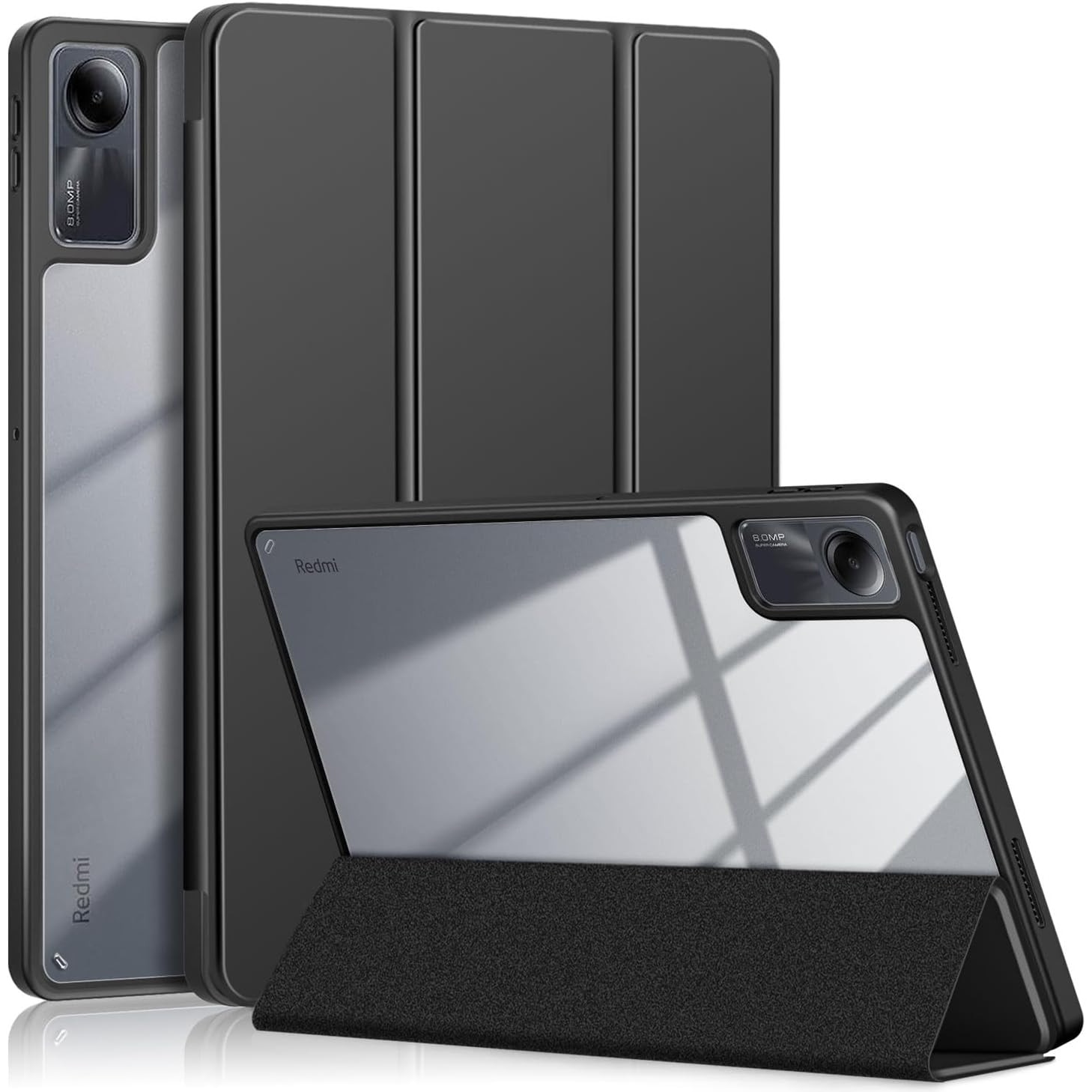 Husa Sigloo pentru Xiaomi Redmi Pad Pro 12.1", slim, tri-fold magnetic, piele ecologica, suport stylus, spate transparent, negru