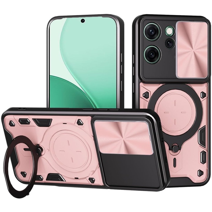 Husa pentru Oppo Reno 14F, 14FS 5G cu protectie pentru camera si suport magnetic integrat Ring Shockproof, roz auriu