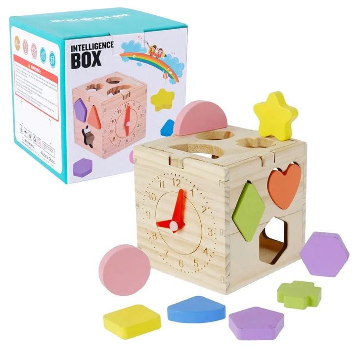 Cub educativ din lemn, Montessori, sortator forme si ceas, vopsea non-toxica, 3+ ani