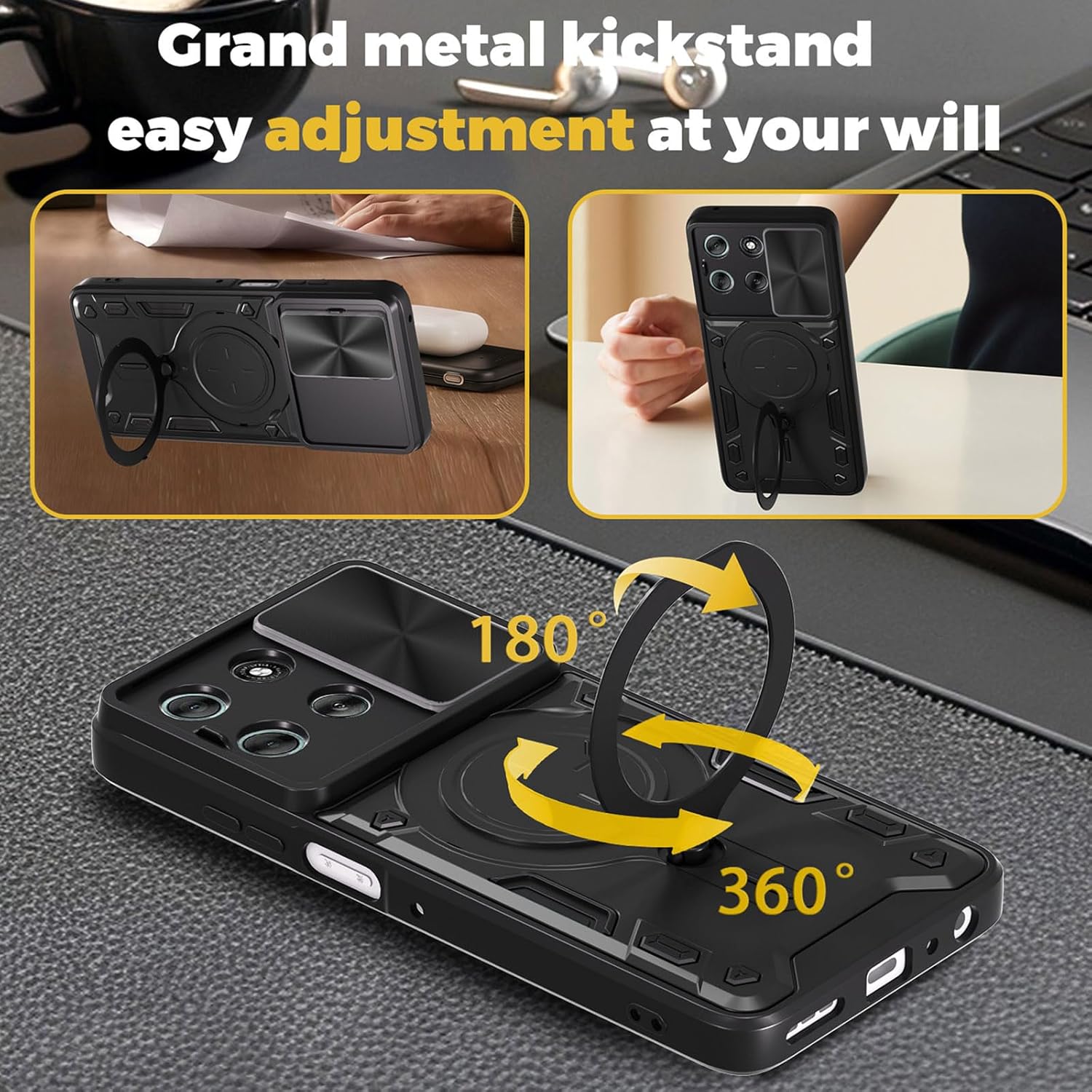 Husa pentru Motorola Moto G86 Power cu protectie pentru camera si suport magnetic integrat Ring Shockproof, negru