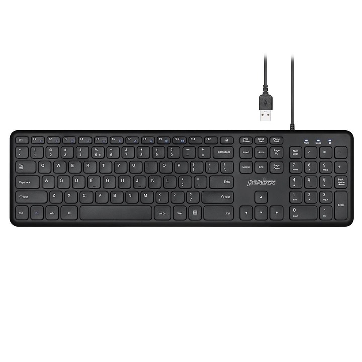 Tastatura cu fir Perixx X-Scissor, ultra subtire, 107 taste, 10 taste multimedia, neagra, 432x121x19mm