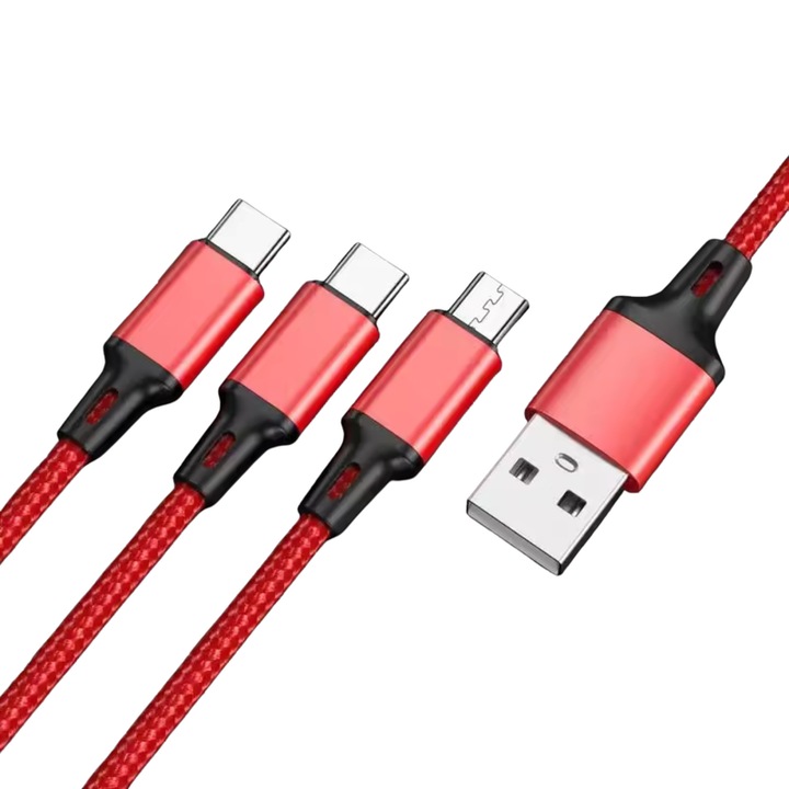 Cablu USB 3 in 1 rosu 1.2M, Type-C, MicroUSB si Lightning