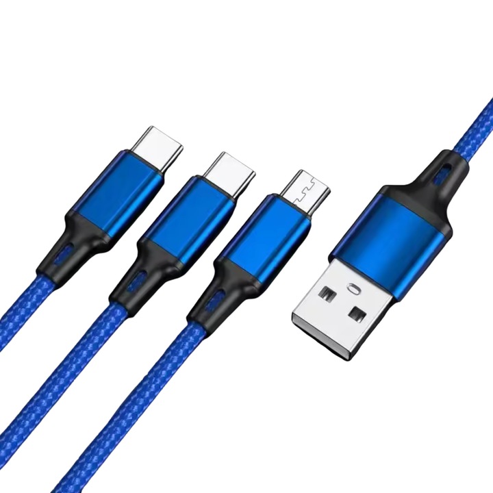 Cablu USB 3 in 1 albastru 1.2M, Type-C, MicroUSB si Lightning