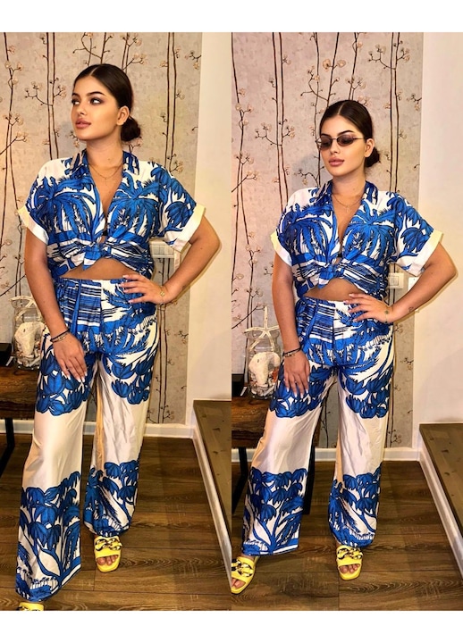 Compleu Dama, Doua Piese, Cu Imprimeu, Satin, Albastru Inchis