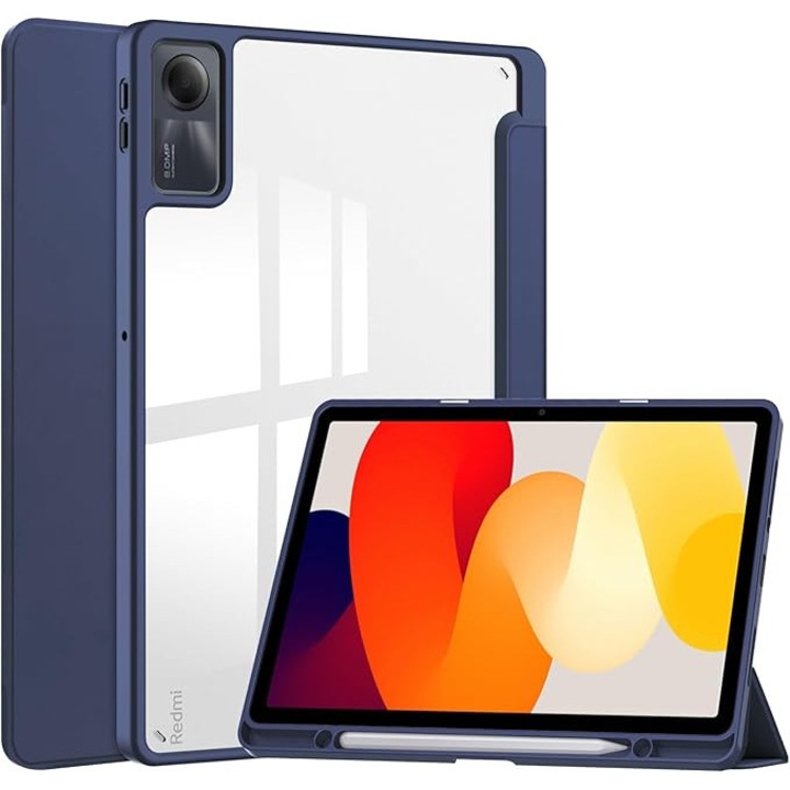 Husa Sigloo pentru tableta Xiaomi Redmi Pad SE 8.7” – Slim, Tri-Fold Magnetic, Piele Ecologica, Suport Stylus, Spate transparent – Albastru