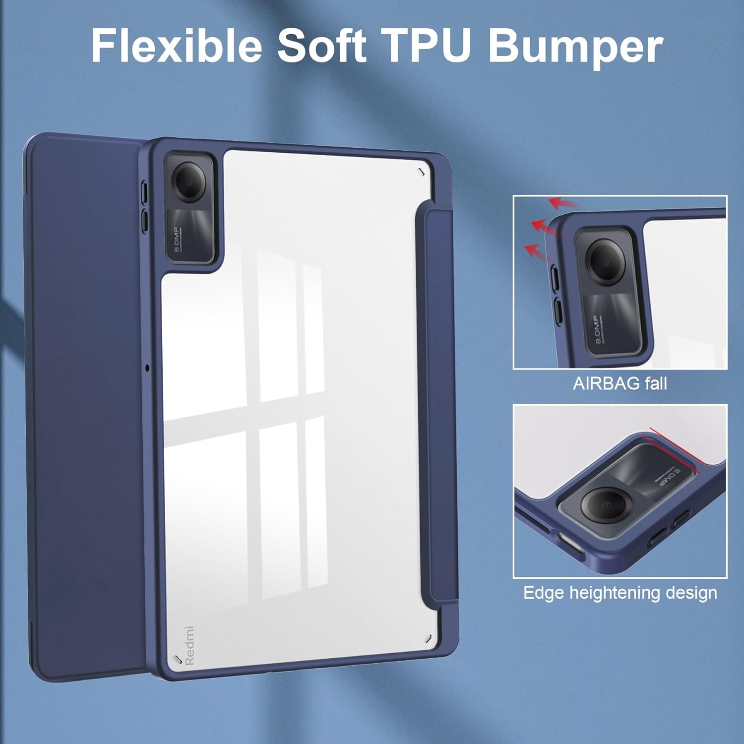 Husa Sigloo pentru tableta Xiaomi Redmi Pad Pro 12.1" – Slim, Tri-Fold Magnetic, Piele Ecologica, Suport Stylus, Spate transparent– Albastru