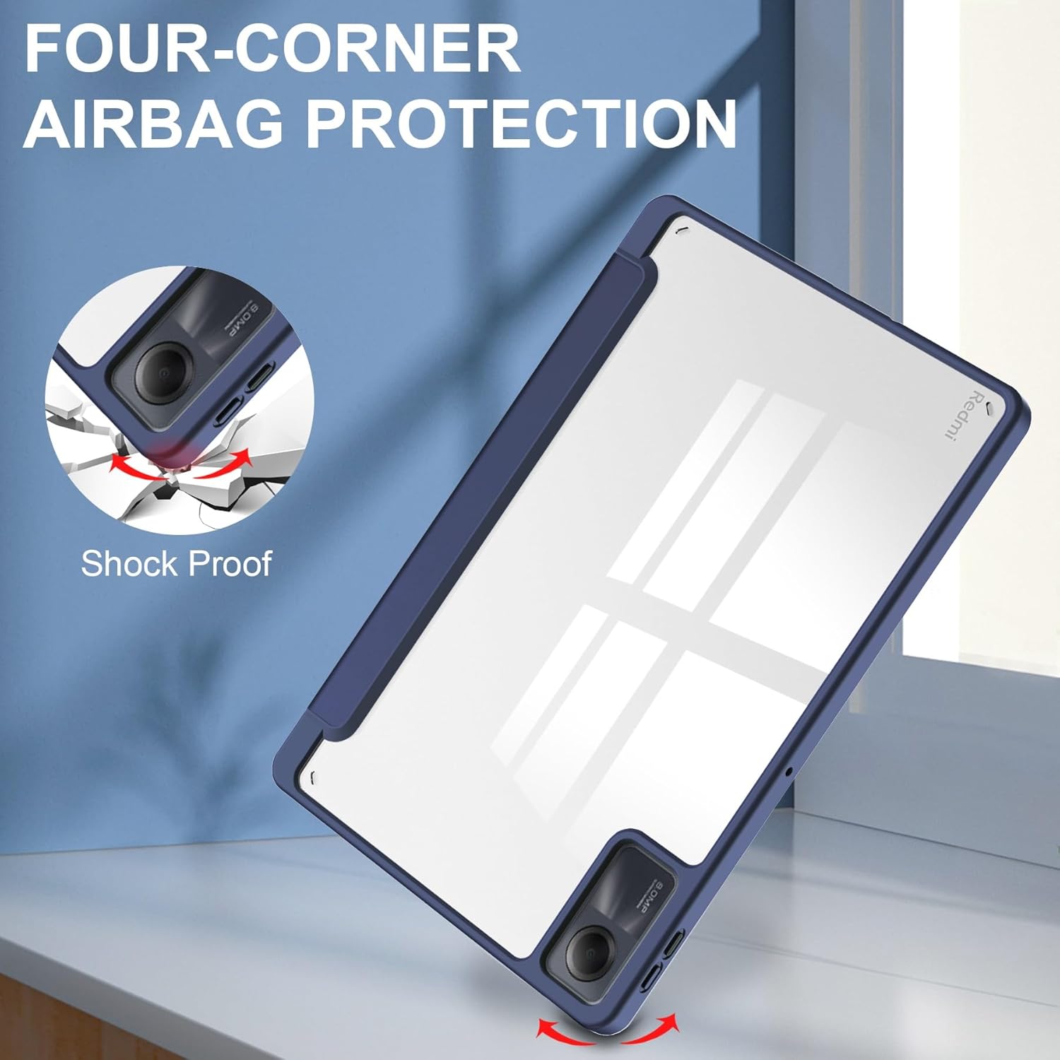 Husa Sigloo pentru tableta Xiaomi Redmi Pad Pro 12.1" – Slim, Tri-Fold Magnetic, Piele Ecologica, Suport Stylus, Spate transparent– Albastru