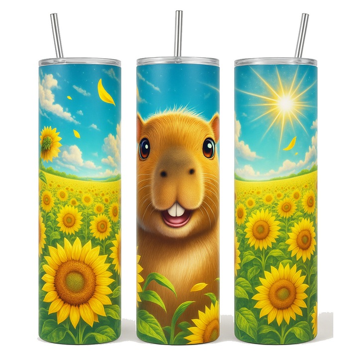 Cana Termos Siphoria, 600 ml, Cu Capac etans si Pai metalic, Inox, Mentine Temperatura Indelungat, design Capybara simpatic