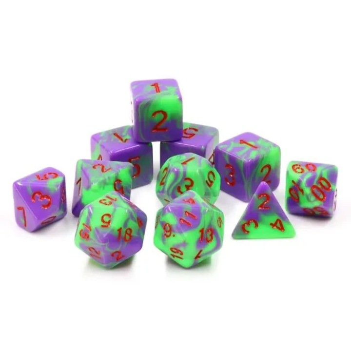 RPG kockakészlet, RGFK, Tipikus gonosz karakter, 11 darab, k4 (16 mm), 4x k6 (16 mm), k8 (16 mm), k10 (16 mm), k00 (16 mm), k12 (18 mm), 2x k20 (20 mm), Többszínű, Készlet tartalma: 11 dobókocka, Műanyag, Tökéletes szerepjátékokhoz, Kiváló minőségű