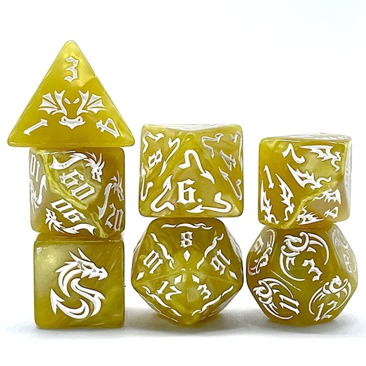 RPG kockakészlet, RGFK, 7 kocka, D4 2,1 cm, D6 1,8 cm, D8 1,8 cm, D10 1,8 cm, D12 1,9 cm, D20 2,2 cm, Többszínű, 7 darabos kockakészlet, műanyag, játékokhoz