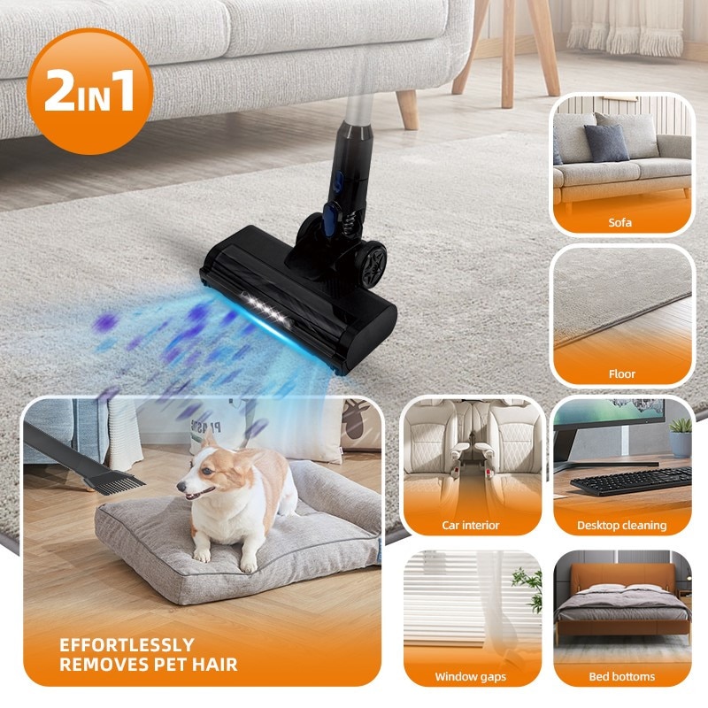 Aspirator portabil, fara fir 2 in 1, 300W, 1L, 22.2V, autonomie 35 minute, perie led, filtru lavabil, negru/argintiu