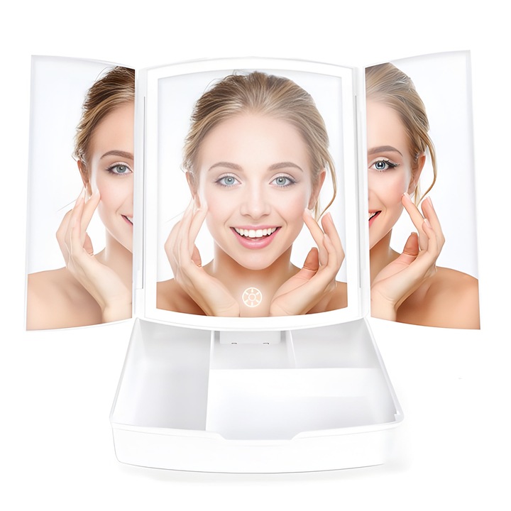Козметично огледало Teno®, LED осветление, сгъваемо, стойка за гримове, презареждаемо, лесно за транспортиране, преносимо, качествени материали, бяло