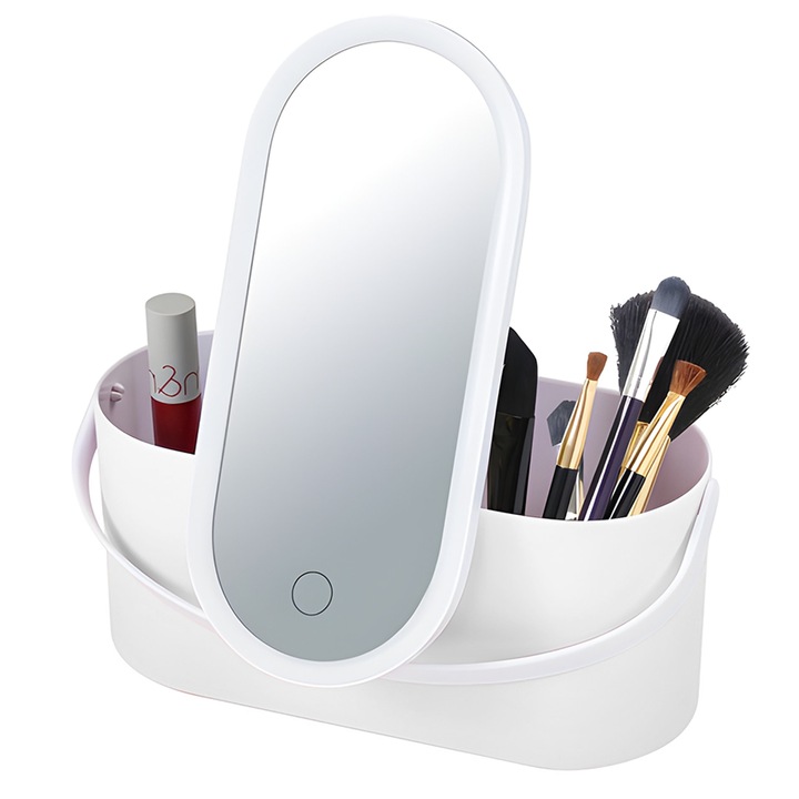 Многофункционално козметично огледало Teno®, преносимо, LED осветление, място за съхранение на козметика, тъчскрийн бутон, димируема светлина, 23 x 10 x 11.5 см, бяло