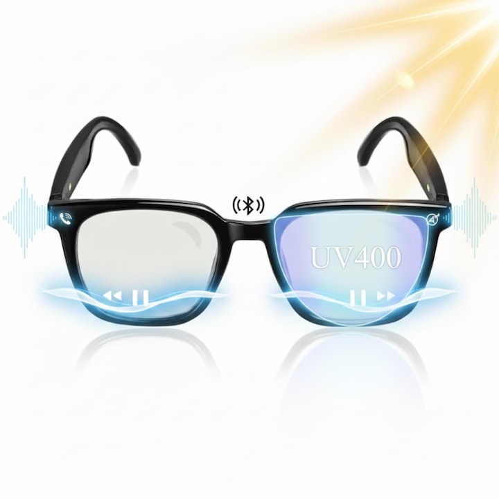 Ochelari inteligenti Bluetooth, audio HD cu boxe si microfon incorporat, control tactil pe rama, autonomie 8h, Bluetooth 5.4, protectie UV400, ideali pentru apeluri, muzica si navigatie handsfree, design unisex modern, Negru, A ATAB
