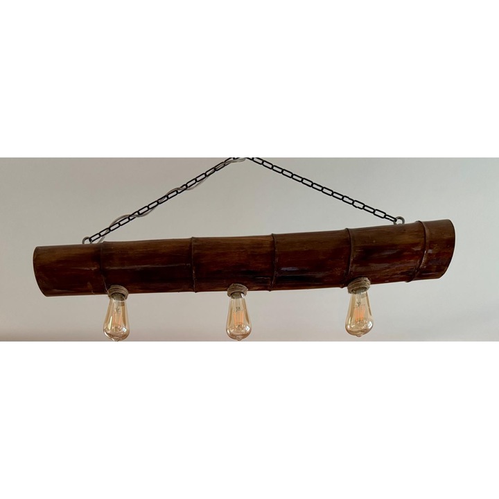 Lustra tavan din bambus realizata manual si vopsita cu lac teak african, pentru trei becuri tip E27 si prindere cu lant estetic de tavan, lungime de 100 cm si diametru de aproximativ 12, 5 cm