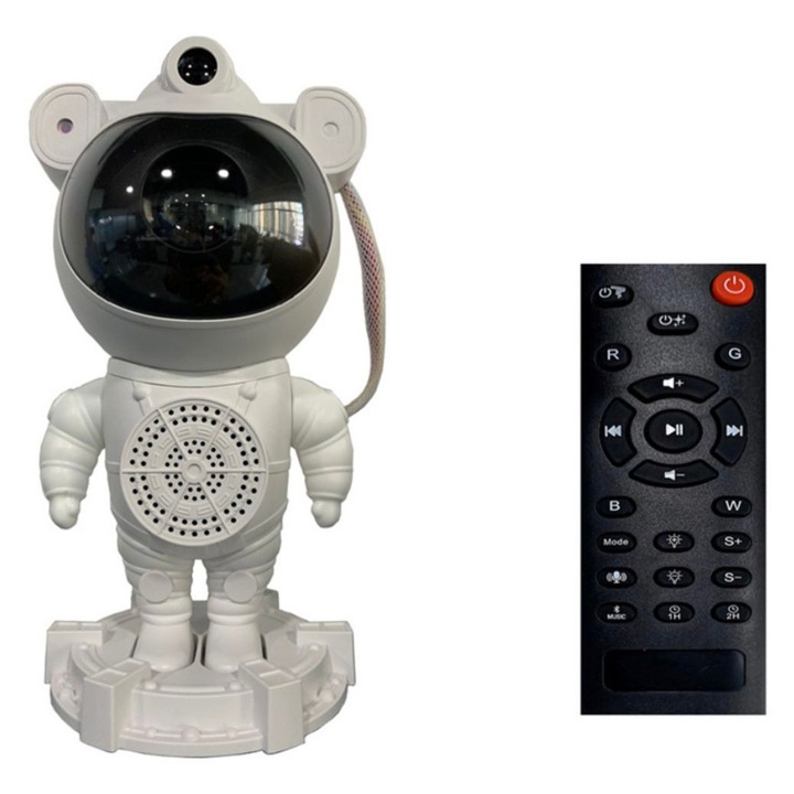 Proiector si lampa de veghe astronaut cu telecomanda, funcctie de boxa, conectivitate bluetooth, reglare 360 grade, laserul permite proiectarea stelelor si a galaxiilor pana la 8 moduri, Alb