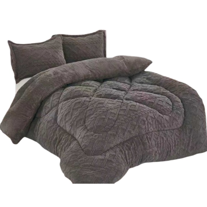 Pilota Imblanita si Fete de Perne, 3 Piese, Model 3D Tricot, Microfibra, 200x230, Gri Inchis