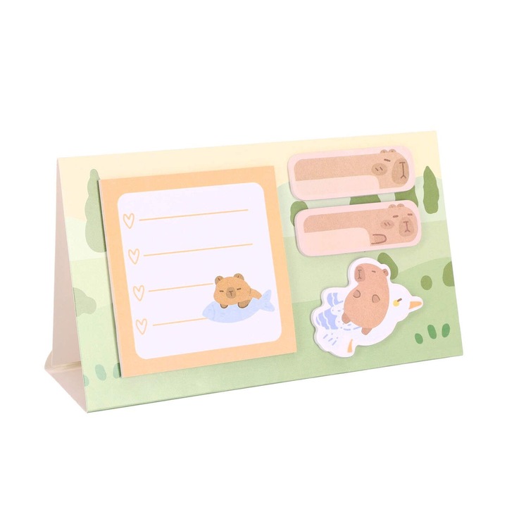 Notite adezive Strigo Capybara, galben pastel, 4x20 file, pe suport birou