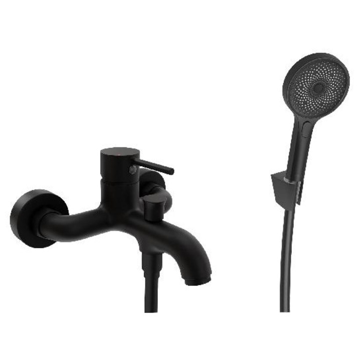 Kielle csaptelep, falra szerelhető, matt fekete, 30 l/perc, kézi zuhanykészlettel 130 mm