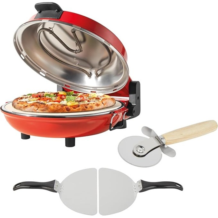 Petra PT5666VDE elektromos pizzasütő – 1200 W, beltéri használatra, 5 hőmérsékleti szint, gyors előmelegítés, 12 hüvelykes kő a pizza 5 perc alatti elkészítéséhez, vágó és lapátok
