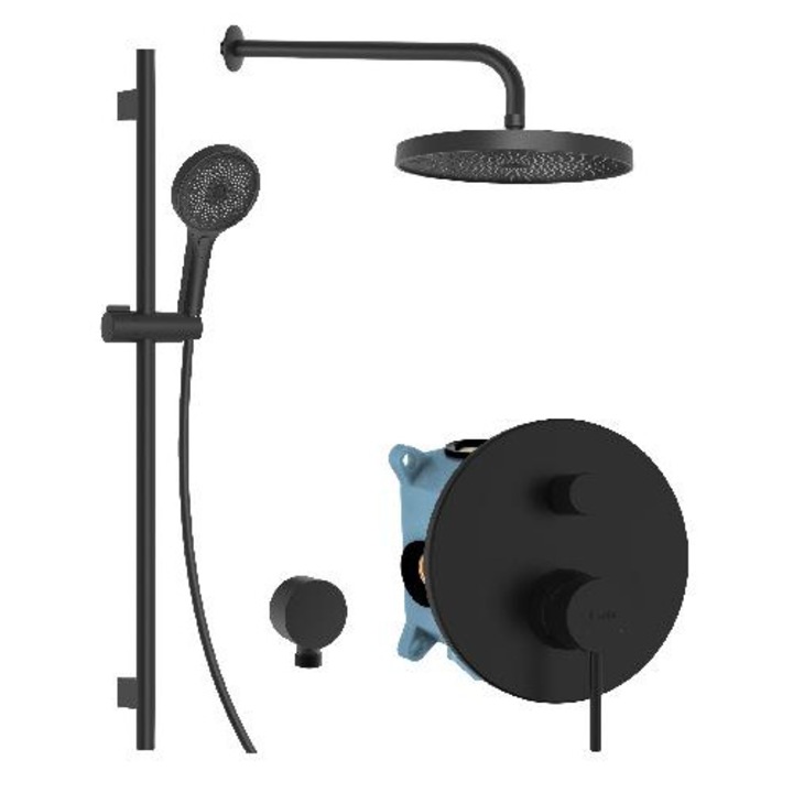Set de dus Kielle, baterie montata sub placa, 2 consumatori, negru mat, 3 tipuri de jet, 1500 mm