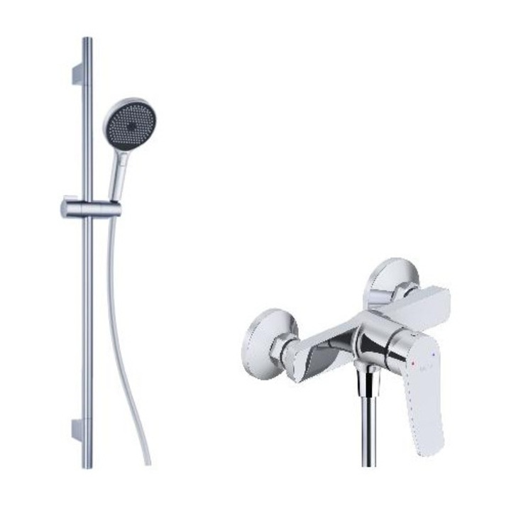 Set de dus Kielle, cu baterie, tija, furtun si cap de dus, argintiu