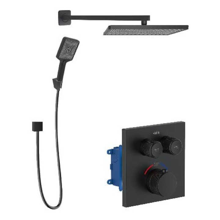 Set de dus Kielle, baterie termostatica, 2 consumatori, 360x240mm, lungime furtun 1500mm, negru