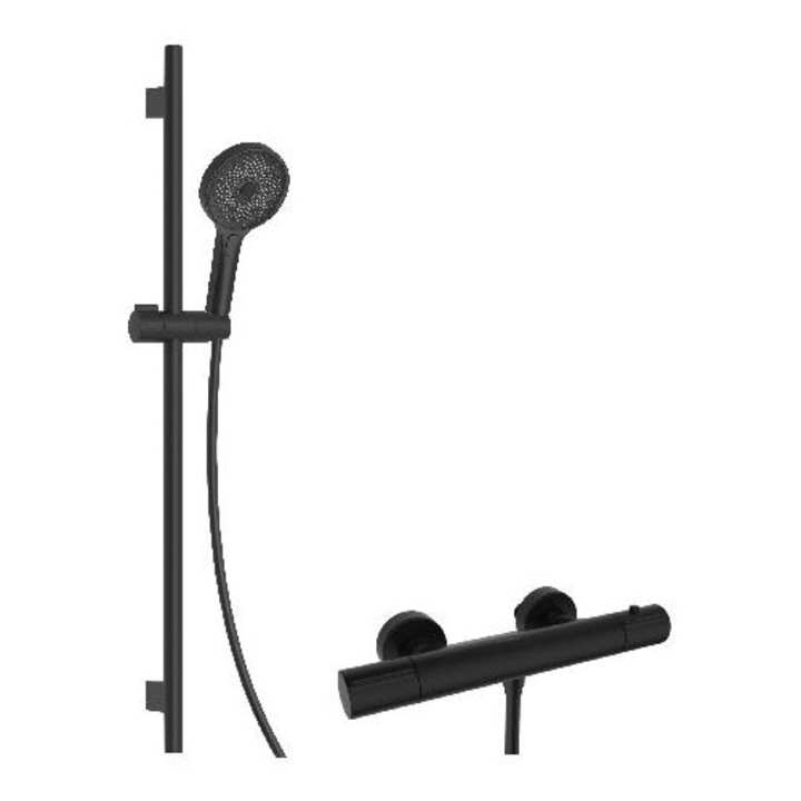 Set de dus Kielle, baterie termostatica, 3 tipuri de jet, negru