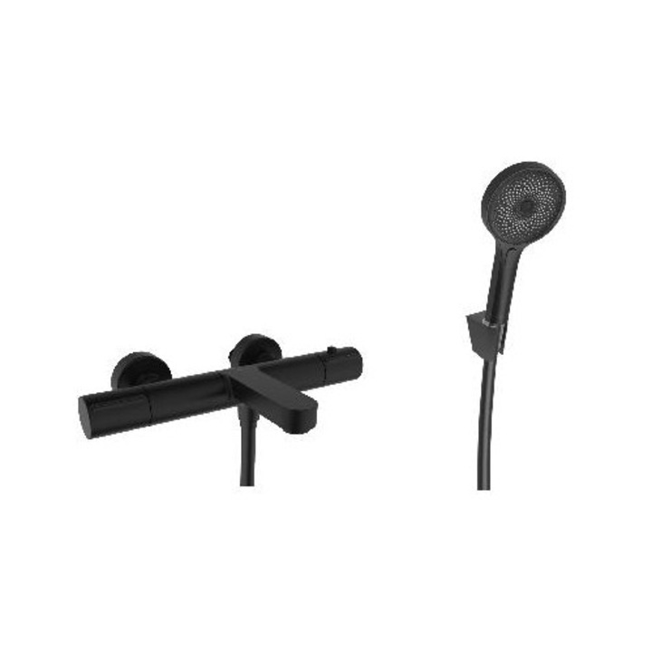 Kielle termosztátos kádcsaptelep, matt fekete, 150 mm, kézi zuhanykészlettel 130 mm, 3 féle sugár, 1500 mm