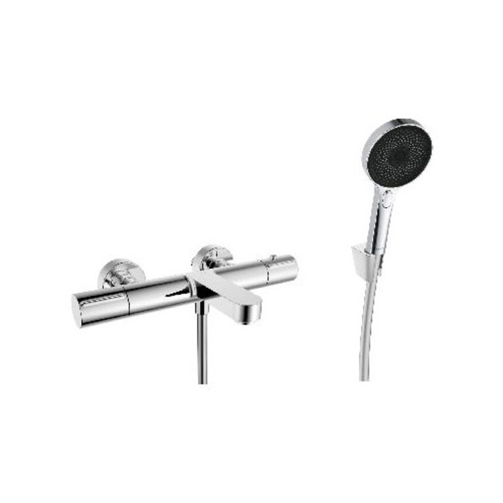 Kielle termosztatikus kádcsaptelep, króm/fekete, 130 mm-es kézi zuhanyzószett, 1500 mm-es tömlővel