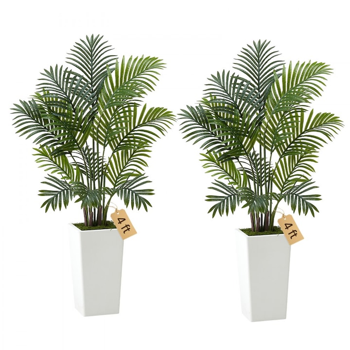 Palmier Artificial Areca, 1219mm, Set 2 Buc, cu Ghiveci Inalt Alb, Matase, Ideal pentru Decor Acasa, Birou, Interior si Exterior