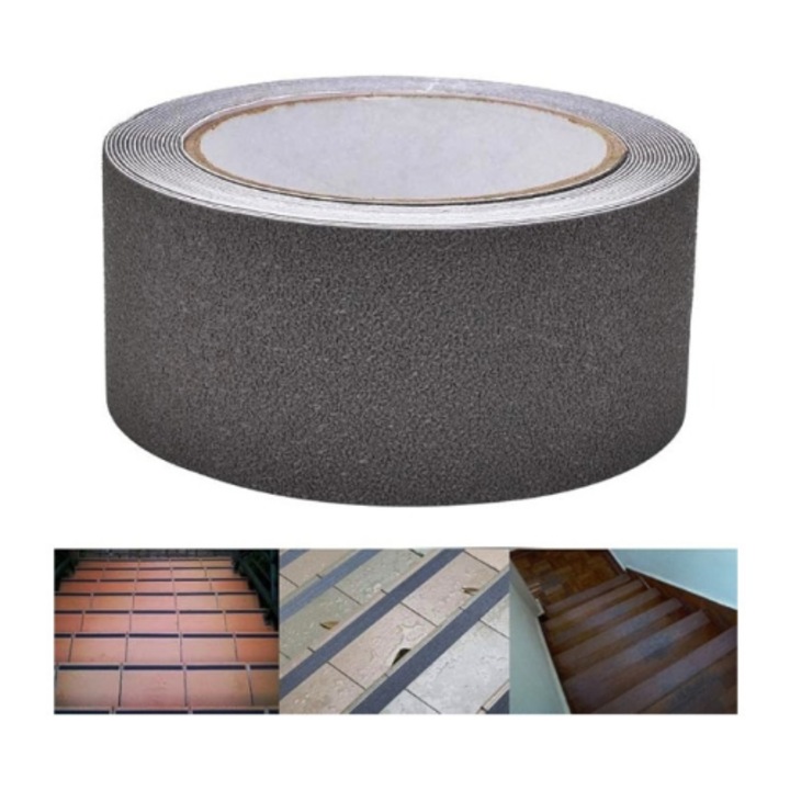 Banda antialunecare Gri idealSTORE Dimensiuni 7.5cm x 5m, Utilizare scari, podele, rampe auto si uz casnic, Potrivita pentru interior si exterior