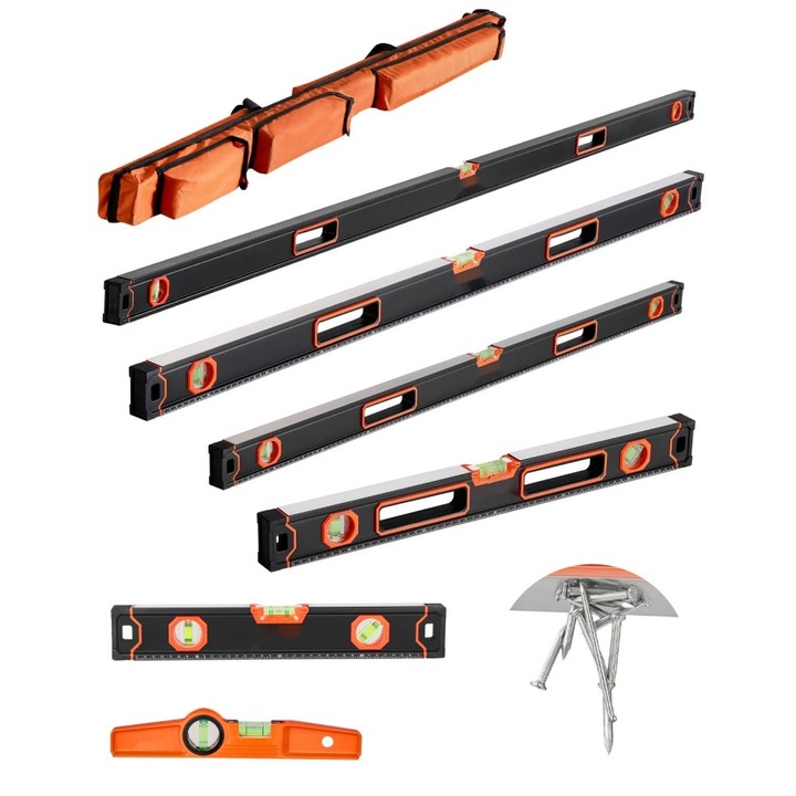 Nivela torpila 6 piese, Set Magnetic, Rigla cu fiole pentru 45/90/180 Grade, Aliaj Aluminiu, Rezistenta Socuri, Scala SAE/Metrica, Dimensiuni 78/48/32/24/16/10 inch