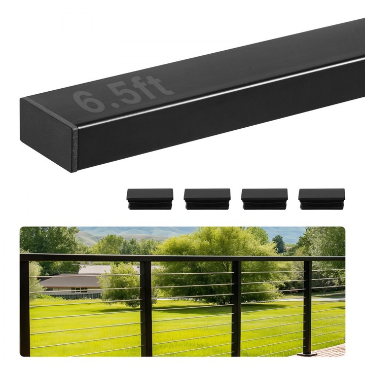 Balustrada otel inoxidabil, 198 cm, forma dreptunghiulara, capac de capat, finisaj negru mat, reglabila, pentru scari exterioare/interioare