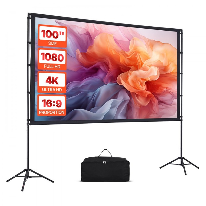 Ecran de Proiectie cu Suport, 100 Inch, Unghi Larg, Portabil, 4K HD, Fara Sifonare, Inclus Geanta de Transport