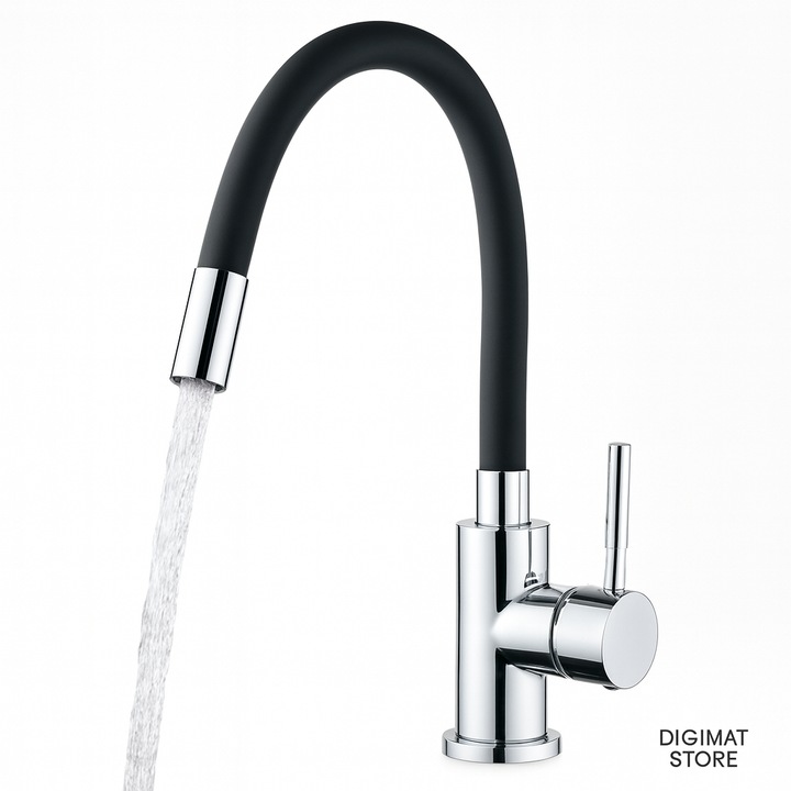 Baterie premium DIGIMAT® pentru chiuveta de la bucatarie, flexibila, rotativa 360°, confectionata din silicon rezistent, design modern, ergonomic, monocomanda cu aerator economisire apa, instalare rapida, lungime totala 60 cm, crom cu negru