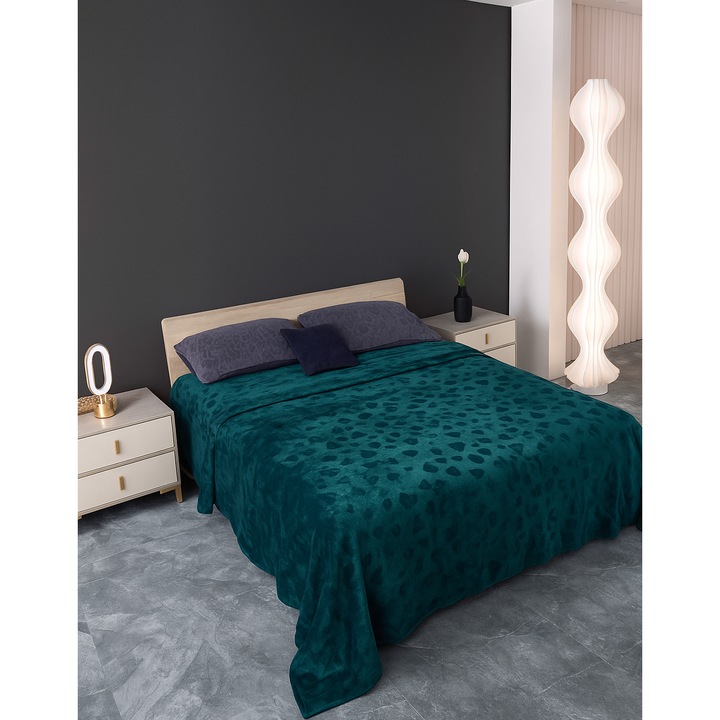 Patura Pufoasa Cocolino cu Model Inimioare, Pat dublu, 200x230cm, Culoare Verde Smarald