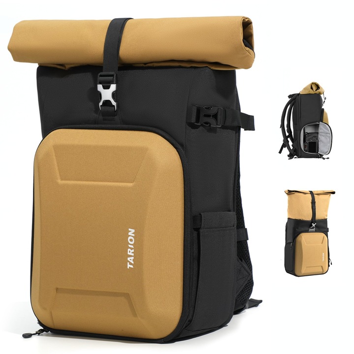 Rucsac Foto Tarion Cu Rolltop Si Carcasa Rigida: Geanta Profesionala Pentru Aparat Foto Slr Cu Compartiment Pentru Laptop De 16 Inch Pentru Camere Dslr Slr, Obiective Si Trepied (Auriu)