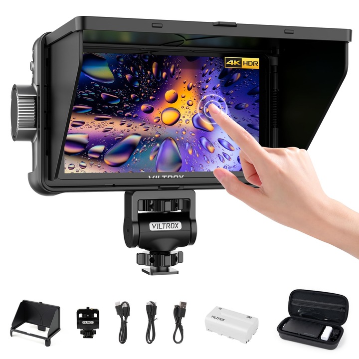 Monitor DSLR kamera Viltrox DC-550 érintőképernyővel, 1200 nit, nagy fényerő, 3D Lut HDR 4K, HDMI bemenet és kimenet, 5,5 hüvelykes terepmonitor kamerához, napellenzővel és akkumulátorral, fókusz- és expozíciósegéd, hullámforma monitor
