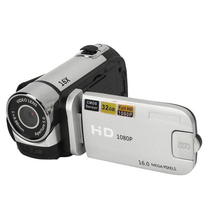 Menduner forgatható zoomos fényképezőgép, vintage kamera, videokamera, 1080P 16Mp digitális fényképezőgép, 2,4 hüvelykes forgatható képernyő, 16X zoom HD videofelvétel és kitöltő fény (ezüst)