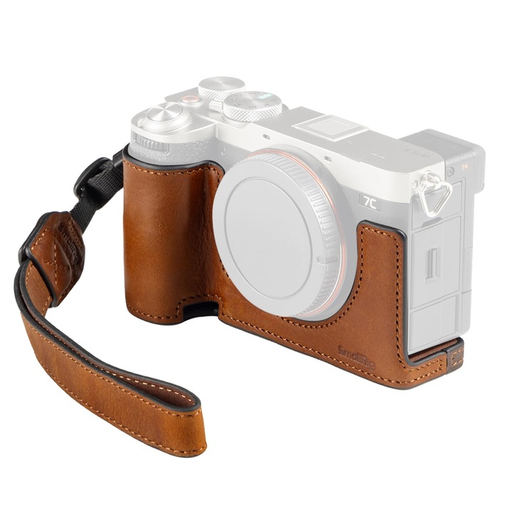Кожен калъф Smallrig A7C II / A7Cr за Sony Alpha 7C II/Alpha 7Cr, полу-ретро кожен калъф с каишка за ръка, рамка от алуминиева сплав, за статив/снимки от ръка – 5015