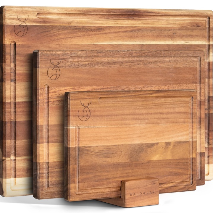 Set De 3 Tocatoare Waldwerk (40X30 / 33X24 / 26X18Cm) Din Lemn Masiv De Salcam - Tocatoare Cu Suport - Tocatoare Din Lemn Cu Grosimea De 2 Cm Si Canelura Pentru Suc - Set De Tocatoare De Design