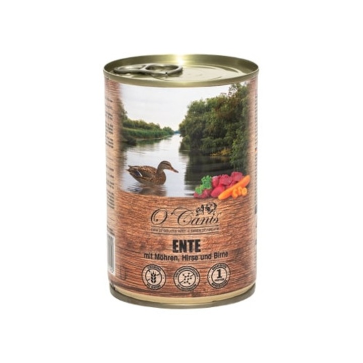 Conserva pentru caini O'Canis, rata, mei si morcov, 400g