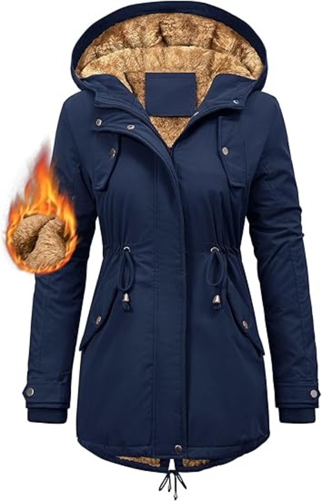 Geaca de iarna pentru femei, CMTOP, cu gluga, impermeabila, captusita, ajustabila, bleumarin, poliester, S INTL